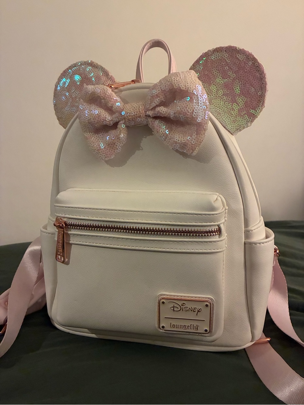 Loungefly Disney White Mini Backpack with Pink Sequin Ears, Rose Gold zippers